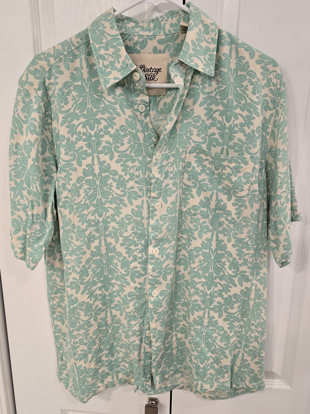 Vintage Silk Seafoam Floral Short Sleeve Button-Down Shirt